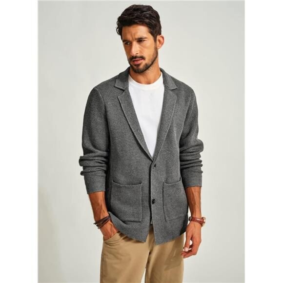 Mens Cardigan Sweater Shawl Collar Button Down Knit Blazer Jacket Knitwear - Picture 2 of 7